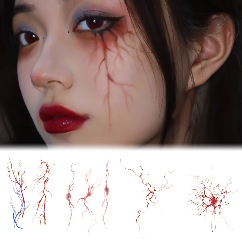 Halloween Face Tattoos Red Blood Vessels Scary Facial Design Eye Makeup Tattoos Decoration Temporary Fake Tattoo Stickers
