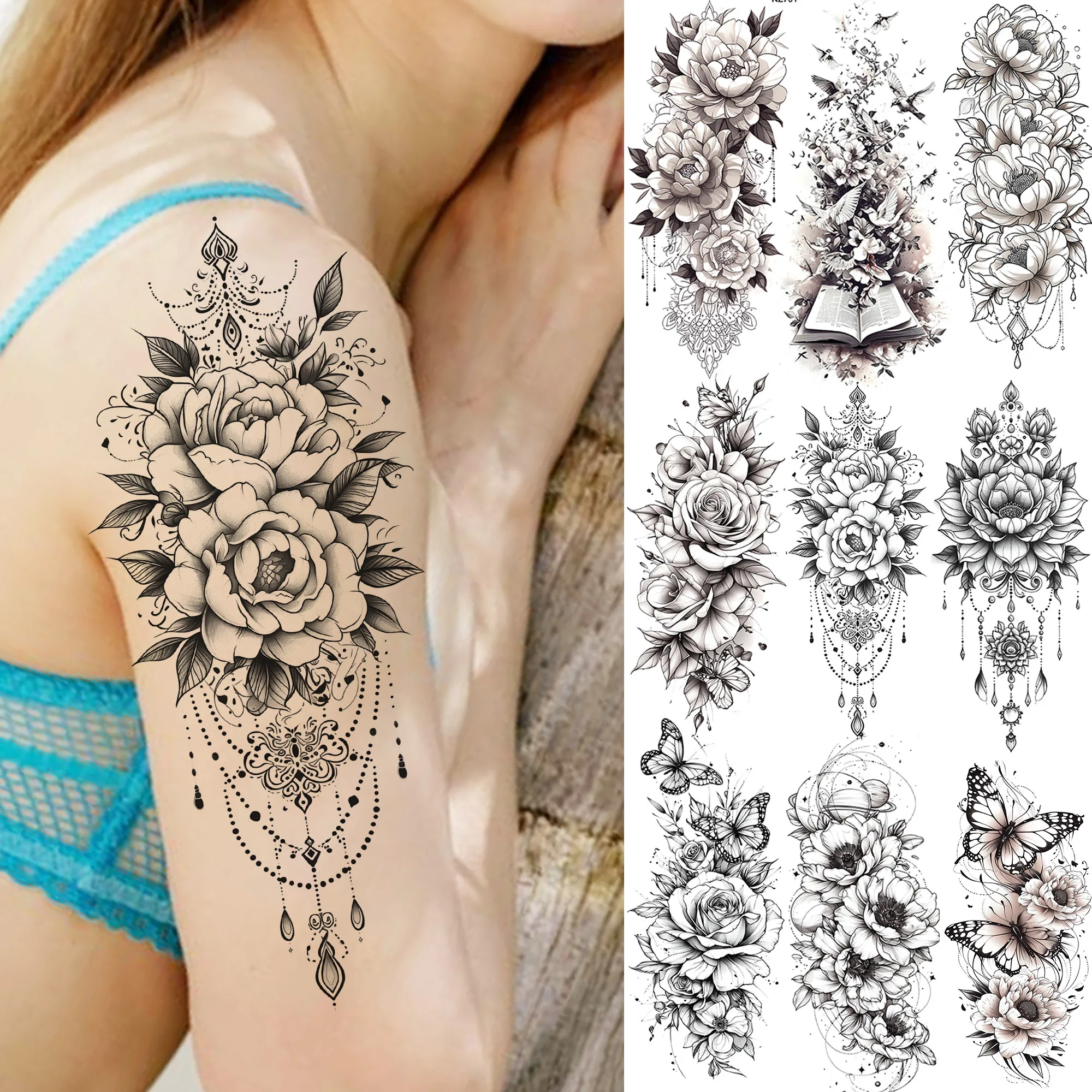 1 Sheet Peony Rose Flower Pendant Temporary Tattoos For Women Tatoos Waterproof Realistic Fake Jewelry Tattoo Sticker Last Long