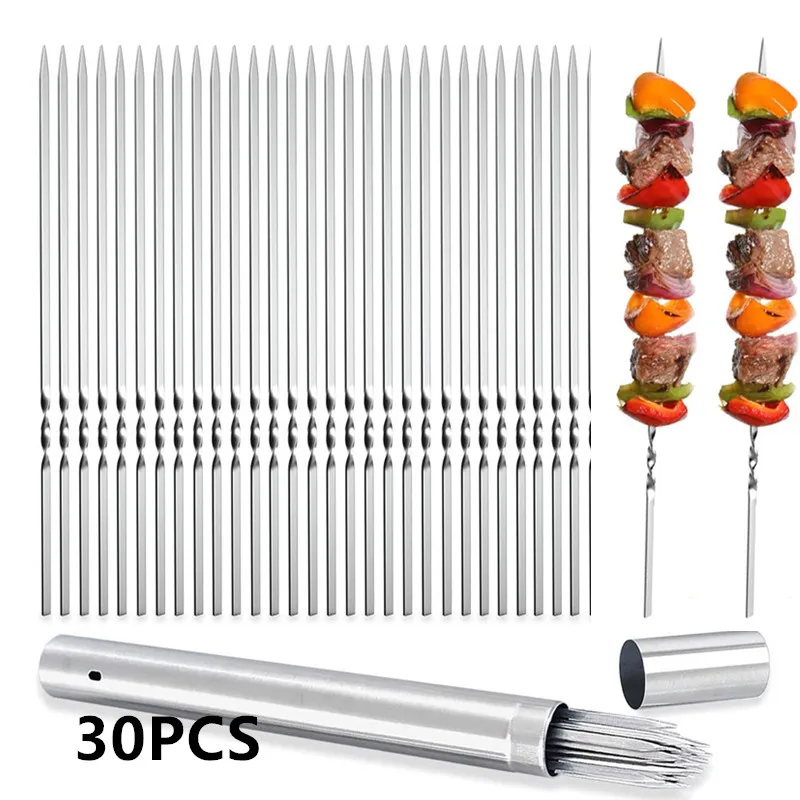 Brocheta de barbacoa de acero inoxidable, brochetas reutilizables para barbacoa y Kebab para acampar al aire libre, herramientas de Picnic, herramientas de cocina, 10/30 Uds.