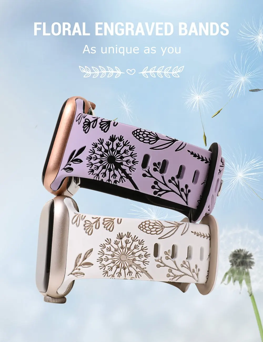 Wearlizer Dandelion Two-Tone Engraved Floral Band for Apple Watch Band 41mm 40mm 38mm Silicone Strap for iWatch 9/8/7/SE/6/5