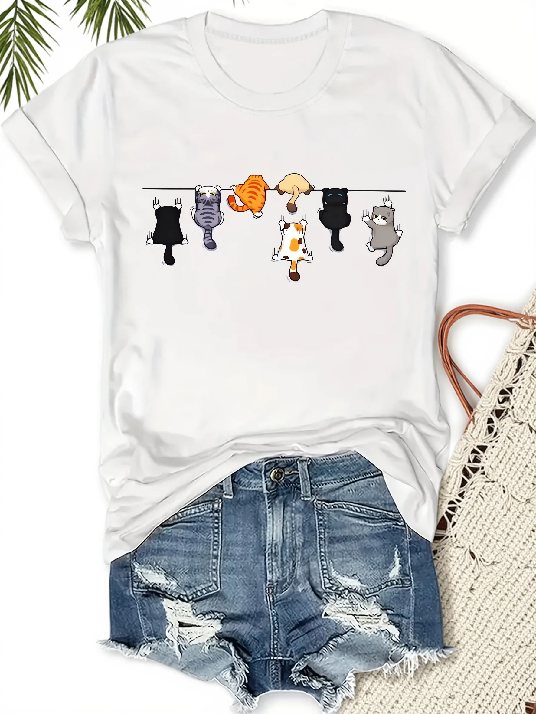 

Женская футболка больших размеров с милым кошачьим принтом, в стиле Харадзюку, с коротким рукавом, повседневная, уличная, эстетичная одежда