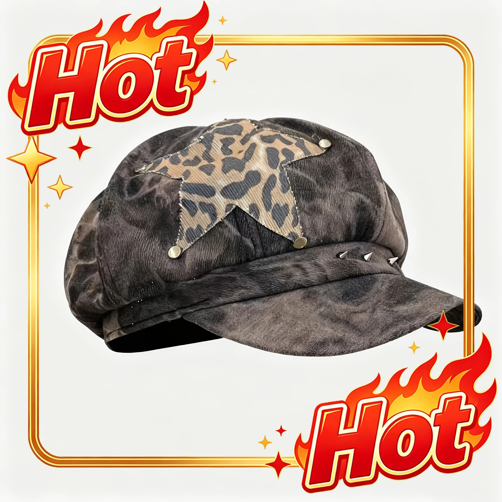 Custom Hat Men's & Women's Vintage Distressed Trucker Hat With Leopard Star Patch & Metal Rivet Spike - Breathable Snapback Cap
