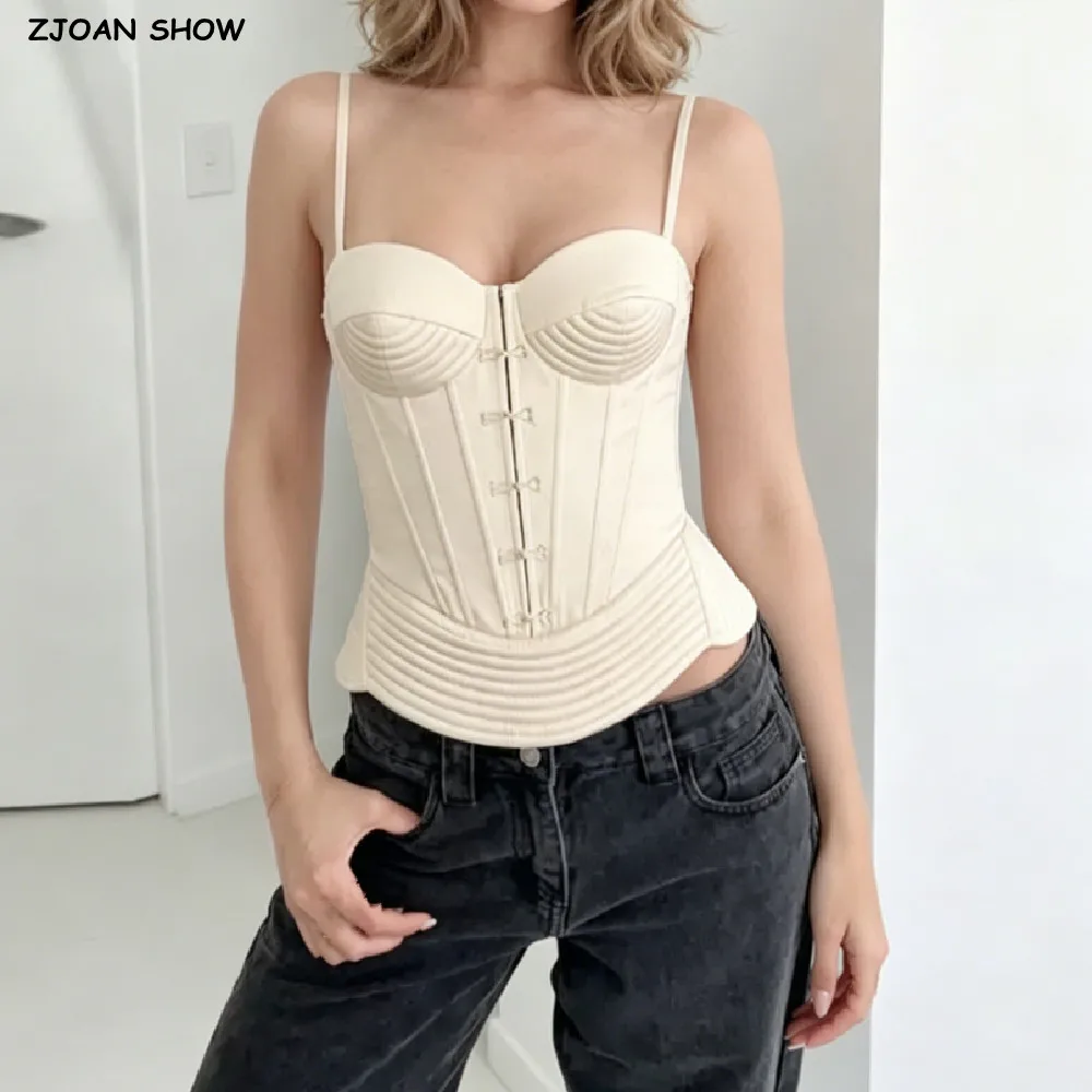 Women Apricot Pad Bra Hook Buttons Slim Waist Boning Corset Metal Eyelet Cross Lacing Up Bandage Back Tank Tops Bodycon Crop Top