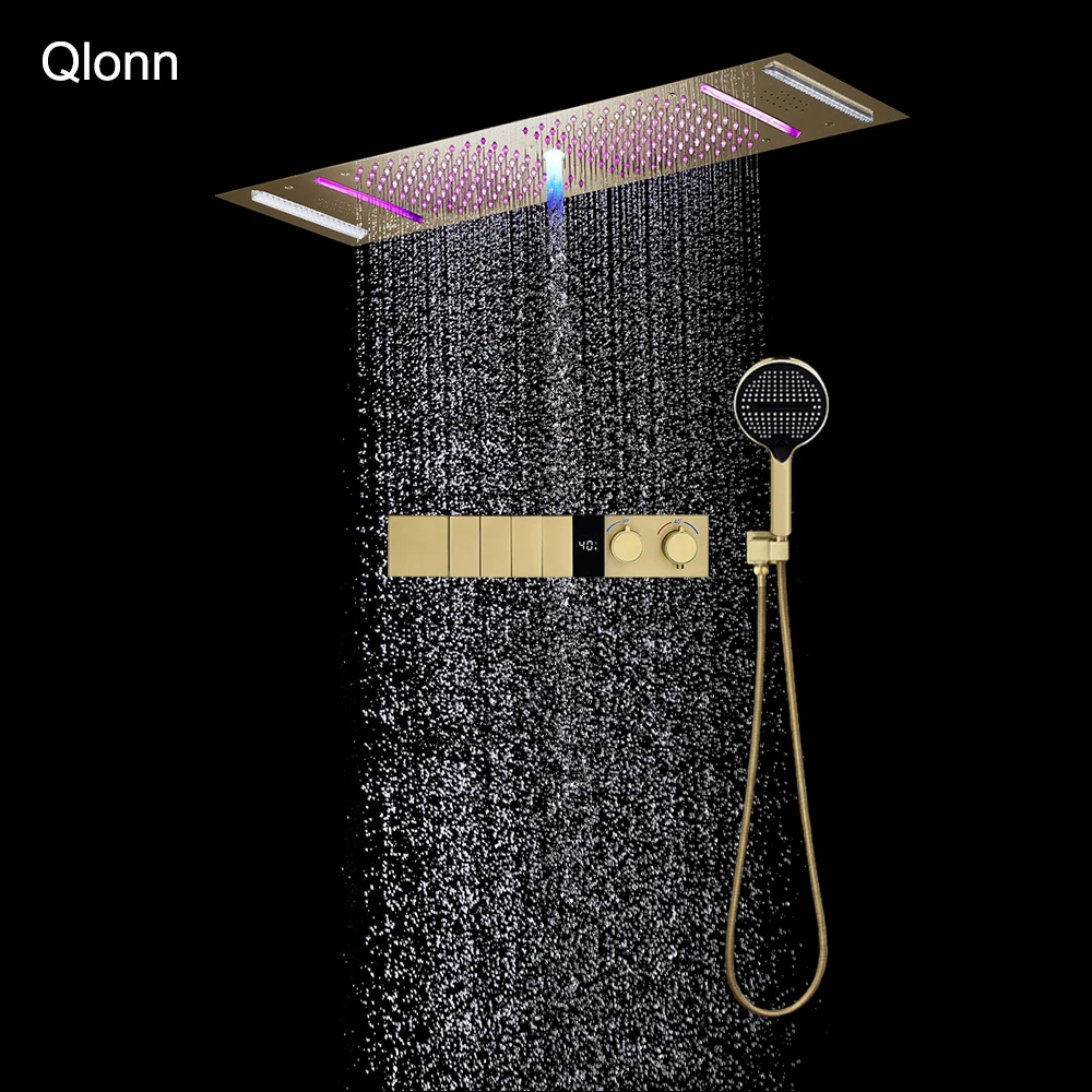 

Qlonn 35×12 Inch LED Music Ceiling Mount Shower System 4 Functions Digital Thermostatic Mixer Valve Concealed Showers Head Set