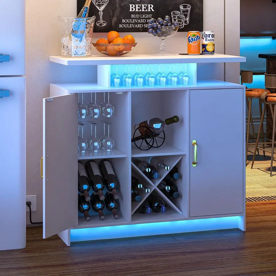 

Барный шкаф с розеткой и LED-подсветкой, кофейный барный шкаф с винной полкой, полками для хранения и шкафчиками, большой вместительный шкаф для алкоголя