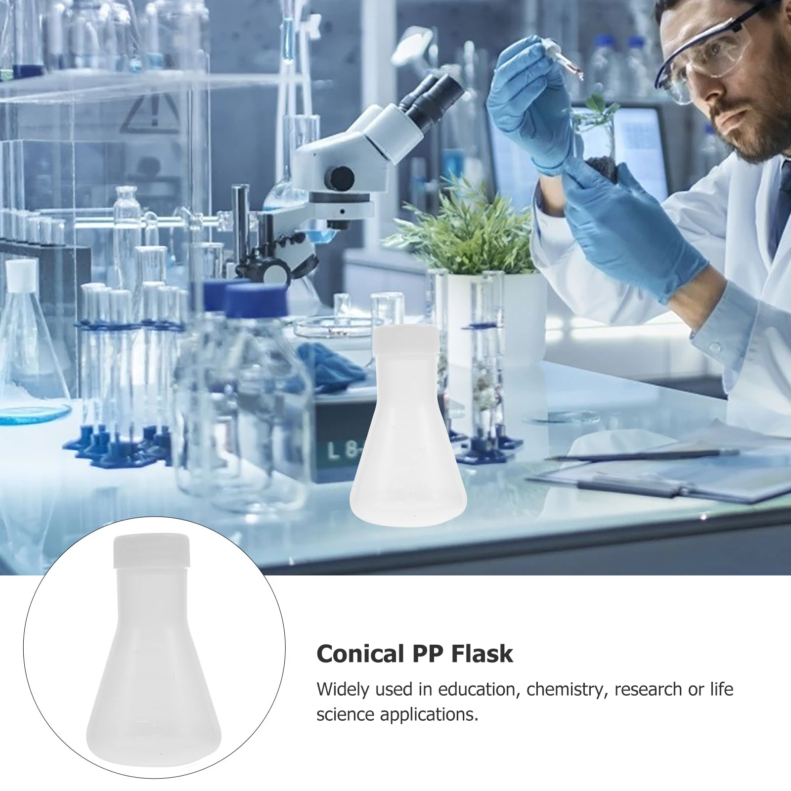 Matraz cónico de PP de 50ml, vaso de laboratorio con tapa para educación química Erlenmeyer, 10 Uds.