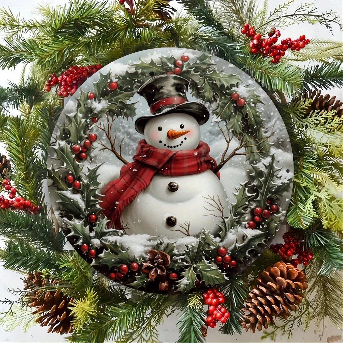 2D Flat, 1pc Snowman Round Vintage Aluminum Sign - 20.32x20.32 cm Rustic Christmas Wall Decor with Holly Berries and Pine Cones