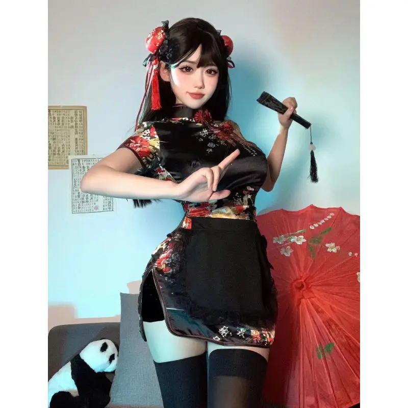 Chinese Niang Summer New Style Improved Standing Collar Cheongsam Dress Cos Maid Apron Two-Piece Suit for Women