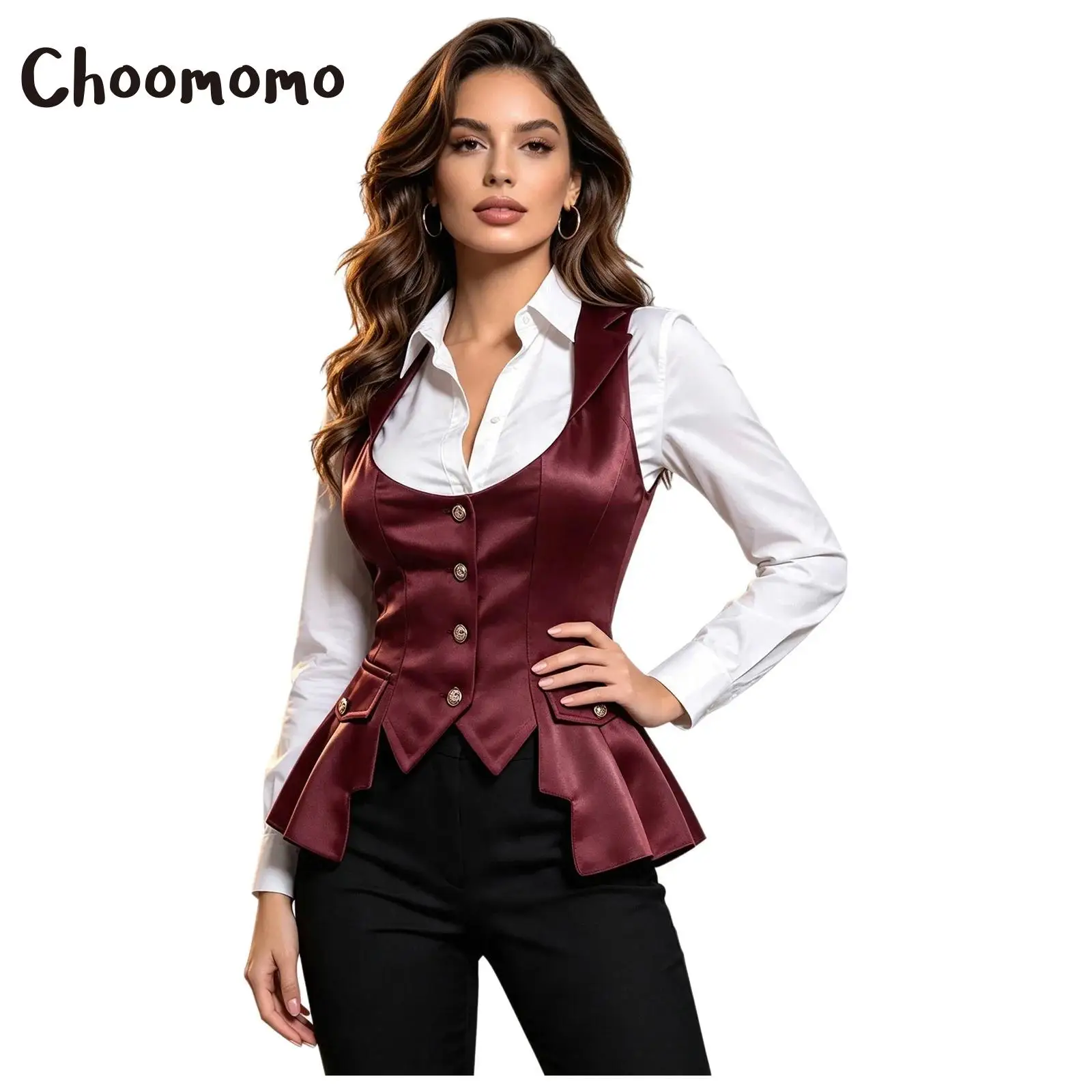 Women Steampunk Victorian Satin Waistcoat Jacket Tops Sleeveless Medieval Tailcoat Vest for Halloween Vampire Cosplay Costume