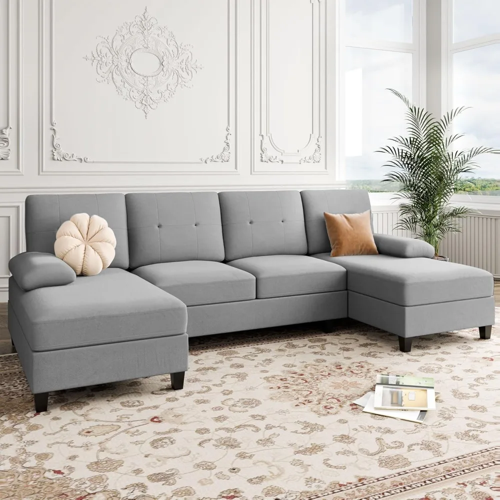 

Shintenchi U-Shaped Sectional Sofa with Double Chaise, 4-Seat Linen Fabric Living Room Furniture Set, High-Density Cushions for