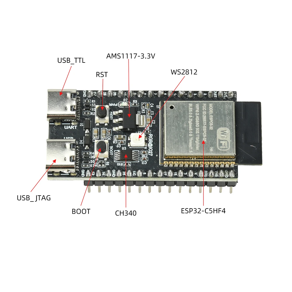 ESP32-C5-H4 Dual-Band Wi-Fi and Bluetooth Development Board, Compatible with the ESP32-C5-DevKitC-1, 30-Pin, Type-C Interface