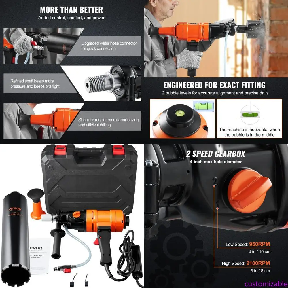 

VEVOR 4-Inch Wet Diamond Core Drill Machine with Handheld Operation, Dual Speed 1100-2400 RPM, and 1-1/4 Inch Thread for Concret