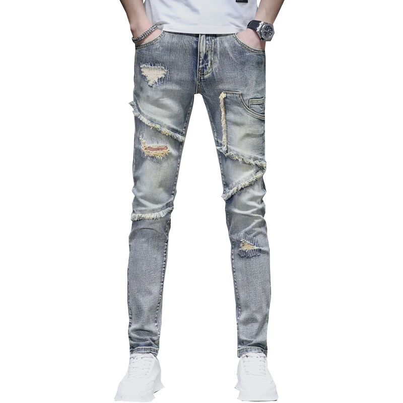 Street hip-hop retro men's jeans personalized hole embroidery raw edge Slim small straight leg splicing elastic men's pants