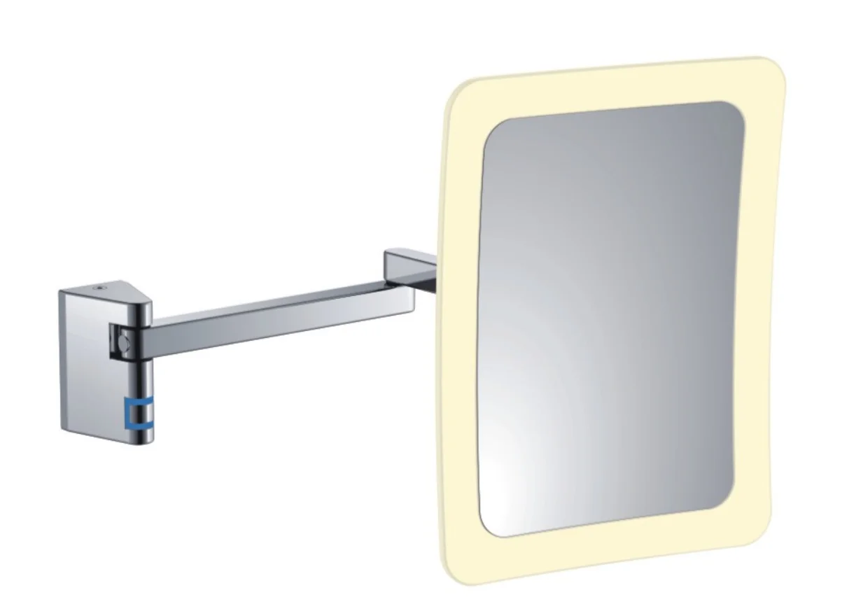 مرآة حمام مربعة من الكروم مثبتة على الحائط 5x مرآة مكياج مكبرة بإضاءة ليد