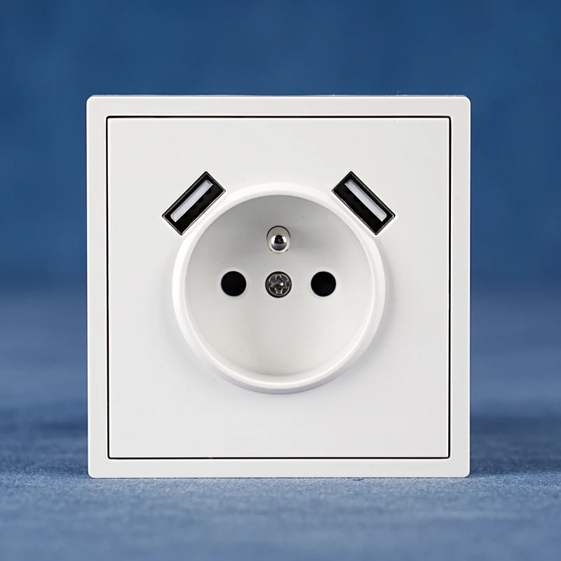 

European standard PC panel 80*80mm French socket USB port dual Type-A wall socket ce certification 10A
