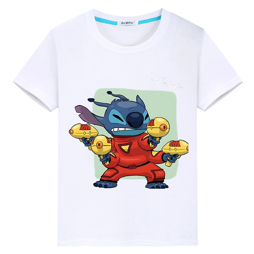 Stitch disney impressão 100% algodão t camisa para crianças menino 10 anos bonito curto casual topos anime t y2k uma peça crianças roupas meninas