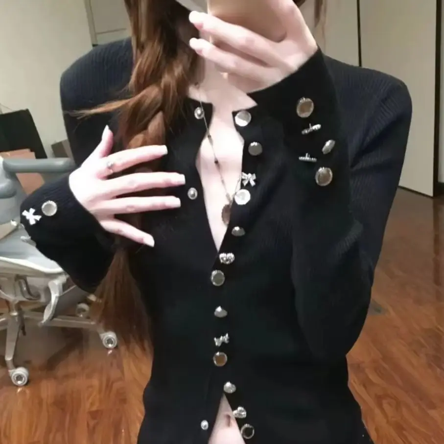 Niche Design Studded Long Sleeve Cardigan Women Autumn Winter Heavy Craft Slim Cropped Inner Base Layer Tops