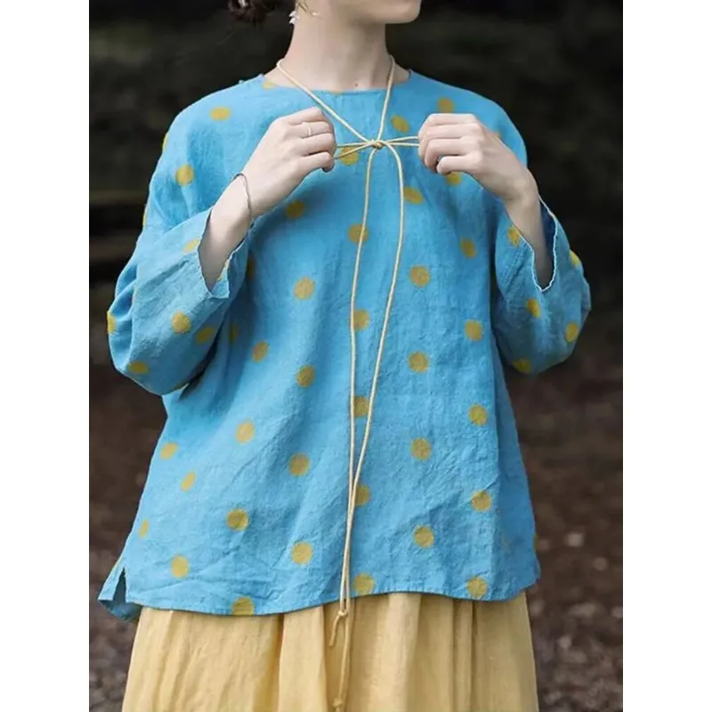 

Women's Blue Yellow Polka Dot Linen Blend Round Neck Long Sleeve Tie Front Blouse with Side Slit