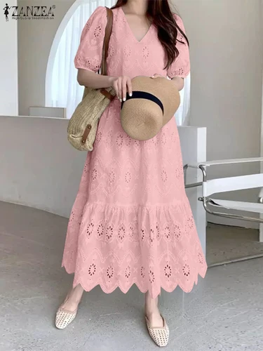 Imagen 2 del producto ZANZEA mujeres encaje dobladillo con volantes Vestidos Casual suelto sólido Maxi Vestidos moda cuello pico Puff manga bata 2025 vestido de algodón de verano