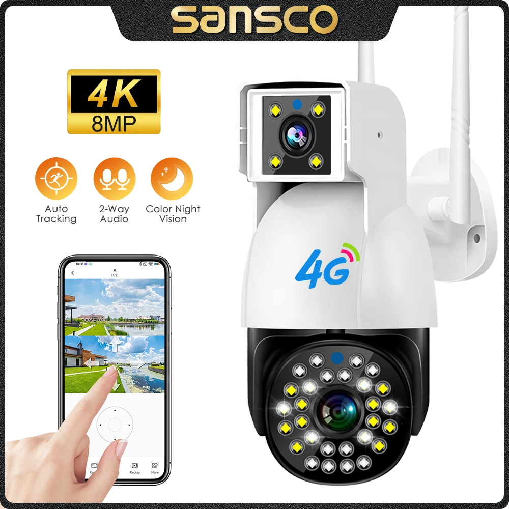 

SANSCO 4K 8MP Dual Lens 4G PTZ Camera Dual Screen AI Human Tracking Outdoor 4MP WIFI Surveillance IP Camera V380 PRO