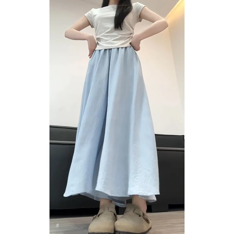 Pantaloni a gamba larga in seta blu ghiaccio Donna Estate Nuovi pantaloni larghi dimagranti con gonna a f Pendolarismo Sle Vita alta Nove punti Poliestere...