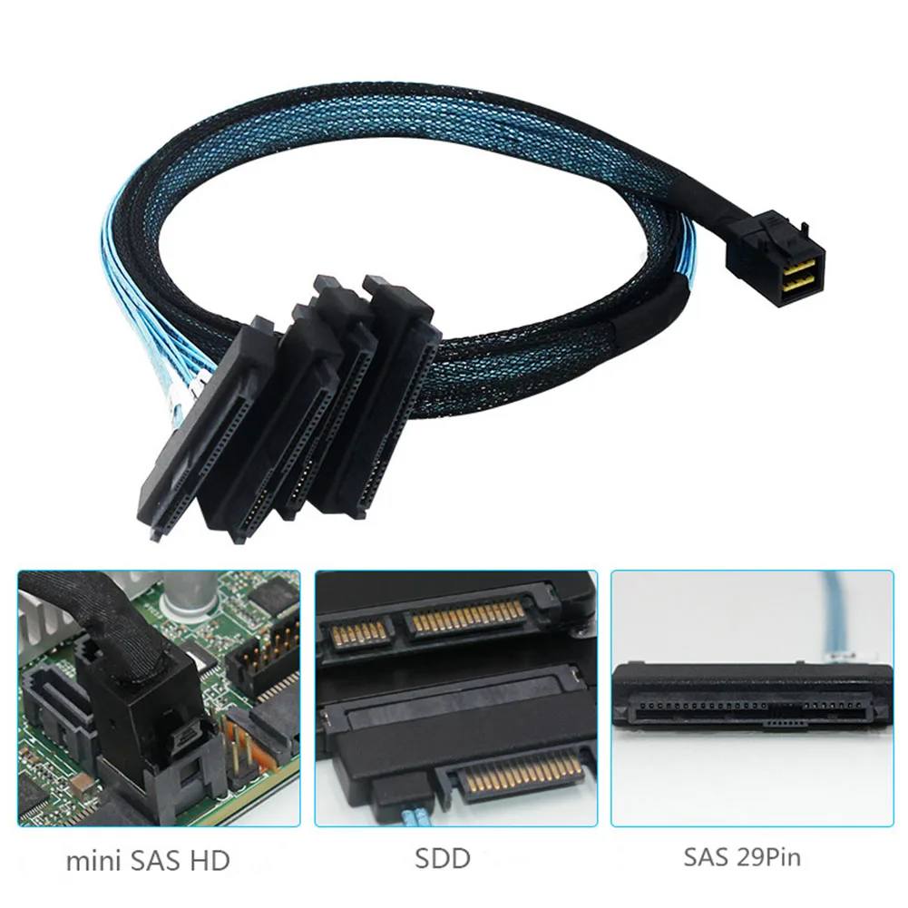 SAS SATA Cable SFF-8643 To 4 SFF-8482 Internal Mini SAS HD to 4 SFF-8482 connector with 15pin Power Port Hard Drive Splitter