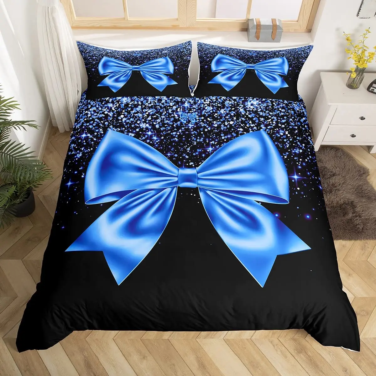 Bowknot Kids Duvet Cover Teal Gradient Glitter Dreamy Comforter Cover Bow Tie Glamorous Quilt Cover,Romantic Girlish Bedding Set