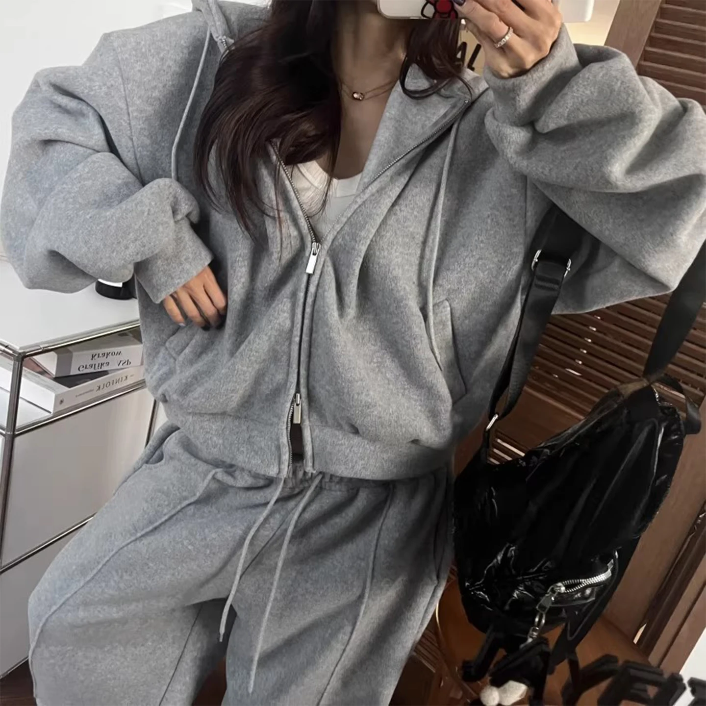 

Faionable двойная молния ort толстовка с капюшоном Jaet женская высокая талия свободный крой длинные брюки комплект зима Новое поступление повседневная одежда