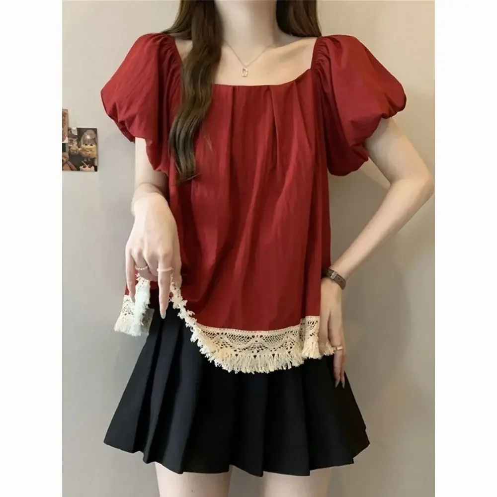 우아한 아름다운 프랑스 레이스 Tassels Boho 블라우스 스퀘어 칼라 퍼프 슬리브 스위트 셔츠 젊은 여성 캐주얼 탑 한국 패션