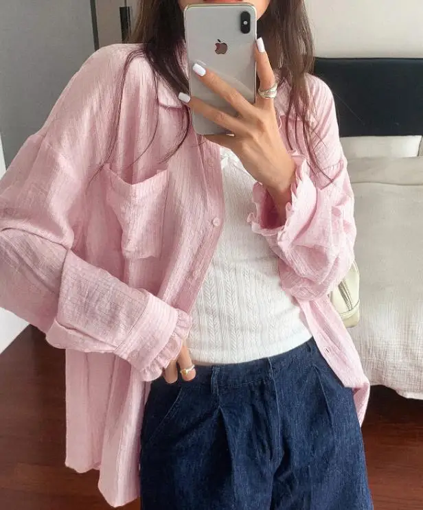 

Leisure Vacation Solid Color Long Sleeved Button Down Shirt for Women's Clothing, Autumn/winter 2025