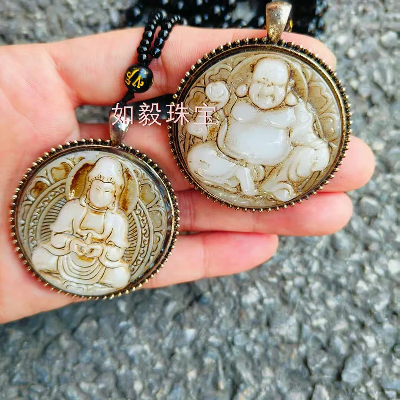 Antique-Style Jade-Like Inlaid Laughing And Guanyin Pendant, Big-Bellied Buddha Necklace