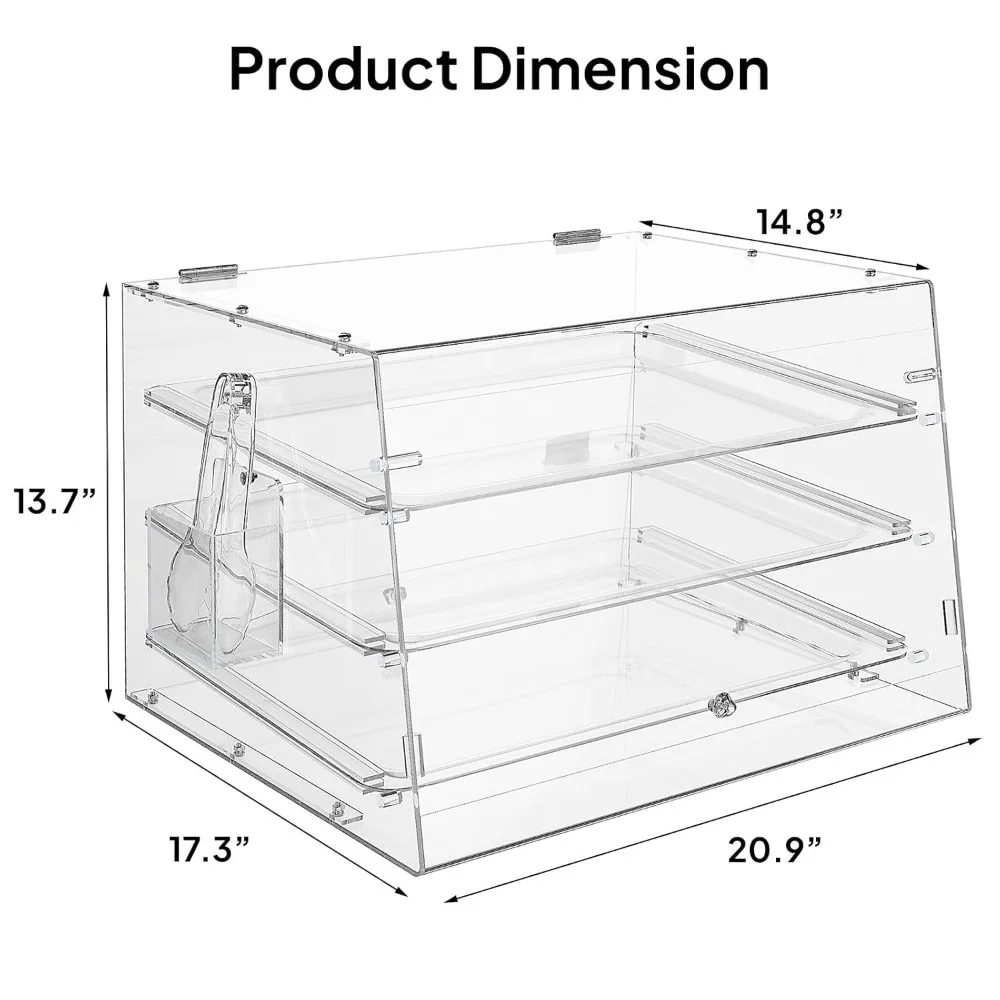 Pastry Display Case W/Removable Trays & Serve Tong, 3-Tier Pastry Display Case, Commercial Countertop, Refrigerator Display Case