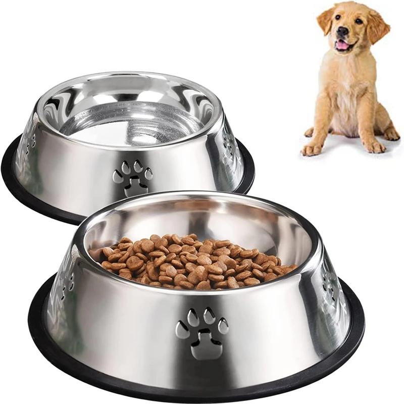 2Pcs Stainless Steel Dog Bowls, Dog Feeding Bowls, Dog Plate Bowls With Rubber Base