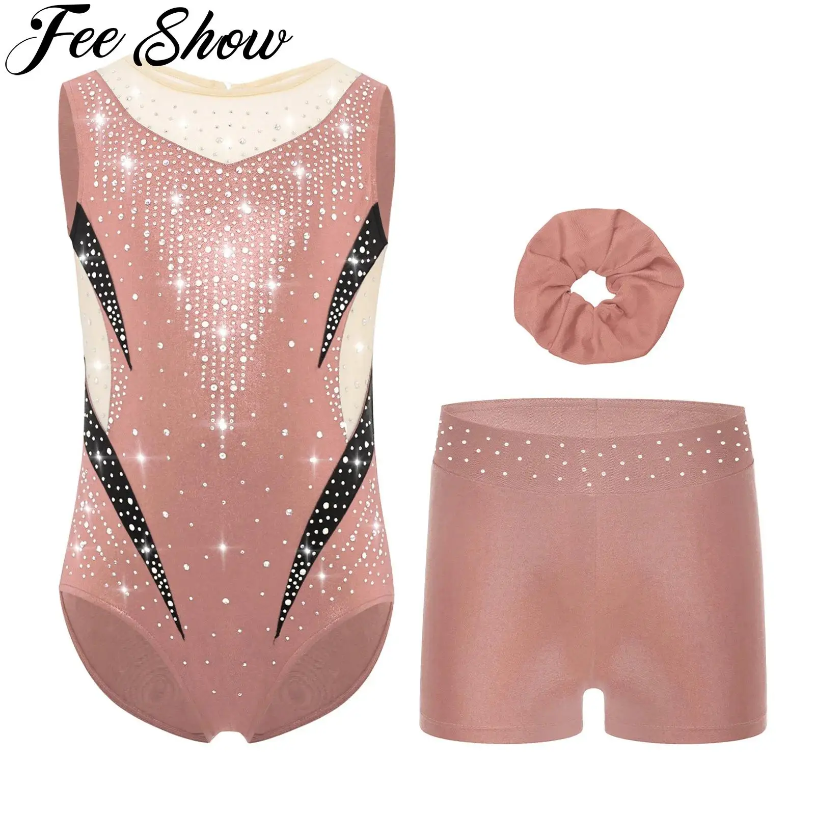 

Girls Shiny Rhinestones Ballet Jersey Unitard with Shorts Dance Gymnastics Tumbling Leotard Figure Skating Acrobatic Dancewear
