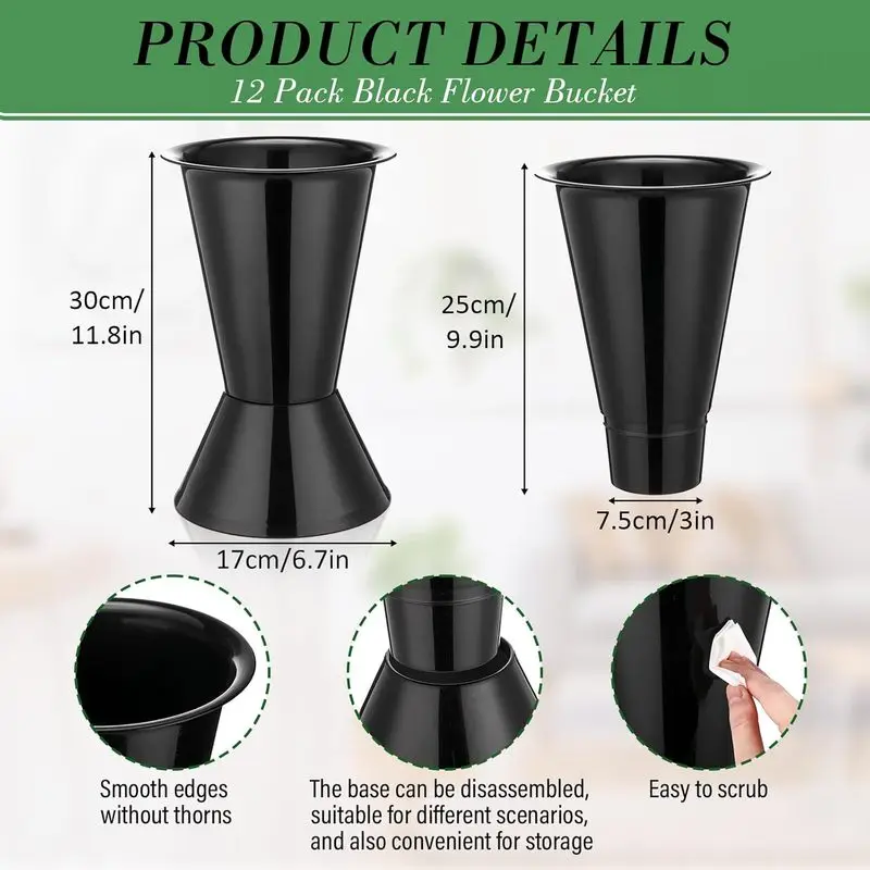 12 Pcs Black Conical Plastic Flower Bucket With Base Multi Purpose Vase For Bouquet Table Centerpiece Home Wedding Decoration