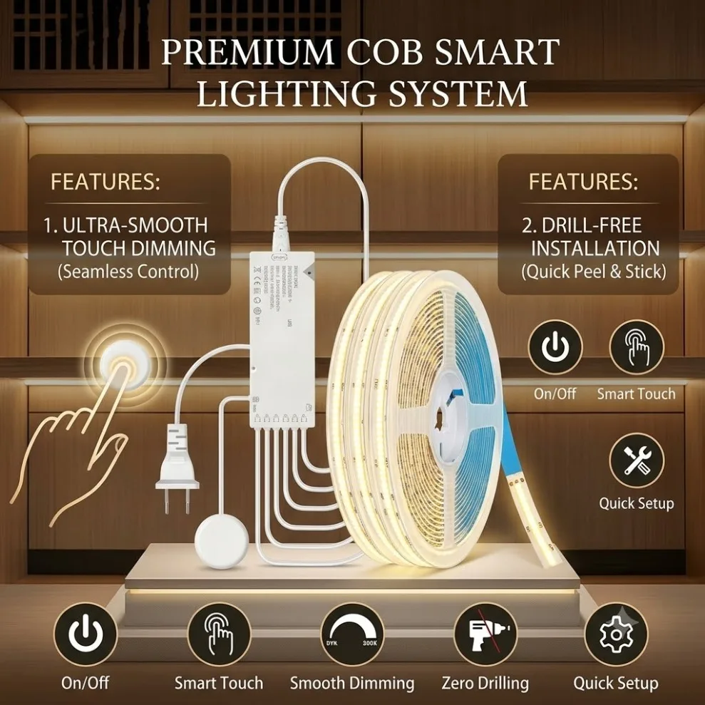 EU/US Plug Power Touch Control COB LED Strip Sync Cabinet Light with Supply for Kitchen Pantry Showcase Closet Bedroom Lighting