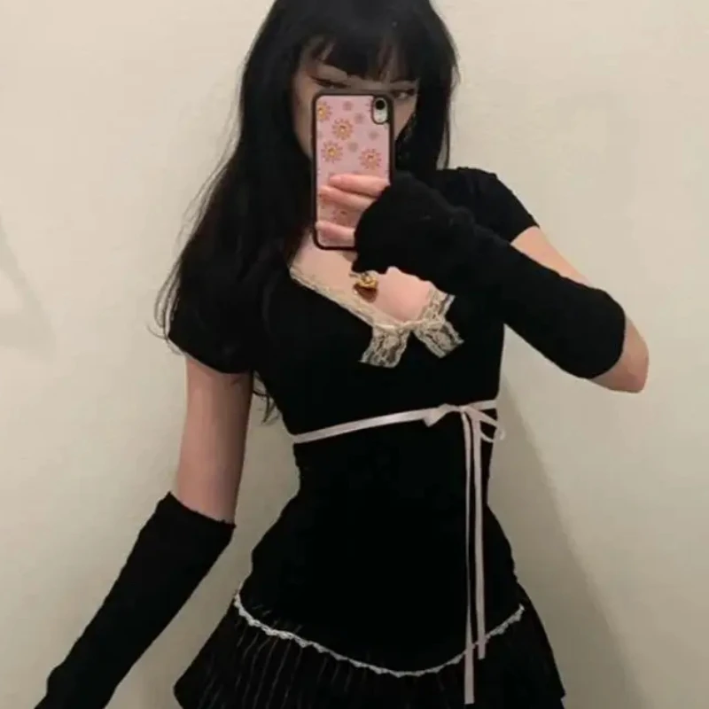 

Сексуальная тонкая футболка с атласным ремешком и кружевом Pure Desire, милый женский топ с квадратным воротником на талии и бантом с короткими рукавами