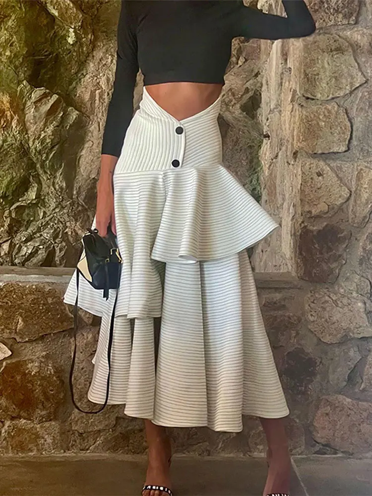 women elegant white high waist buttons ruffles long skirts set black shoulder pad full sleeve slim top set 2025 contrast outfits