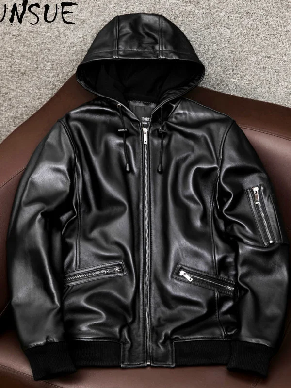 Jacket Leather 2023 Men Genuine Streetwear Motorcycle Jacket Real Sheepskin Coat Hooded Casual clothes Men Clothing