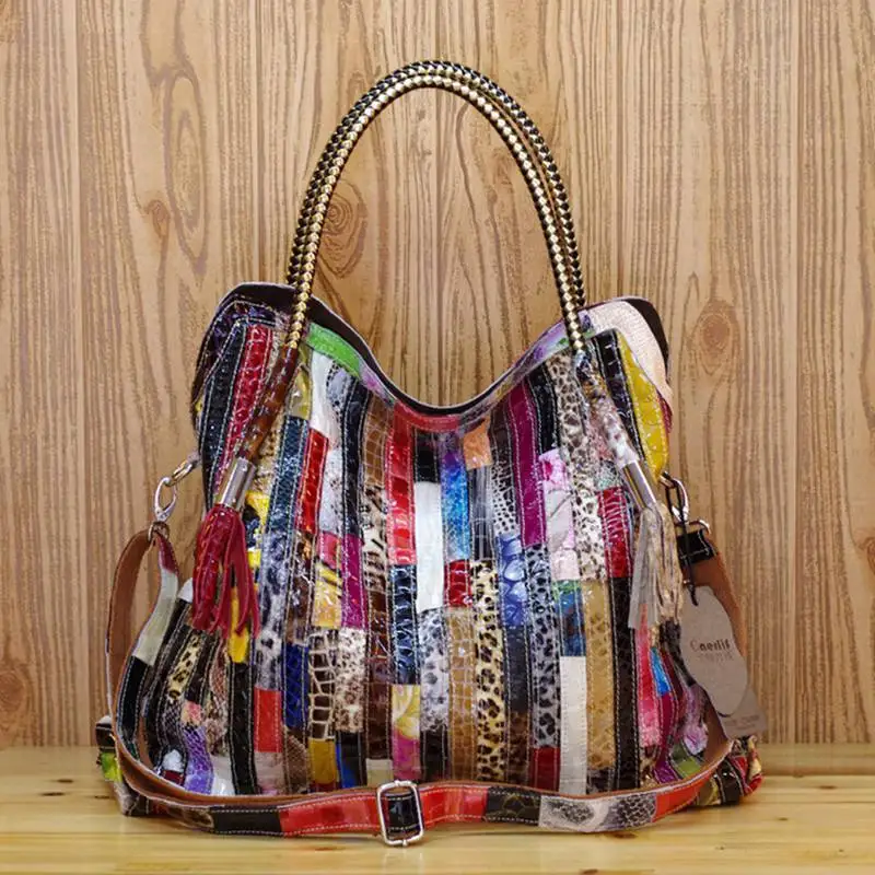 Women's Leather Luxury Branded Genuine Leather Denim Color Tote Bag Snake Print Tassel Stripe Snake Print Shoulder Crossbody Bag