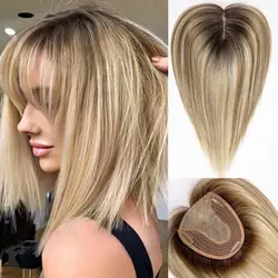 5x5.5inch Silk Base Brown Mixed Blonde Human Hair Toppers with Bangs for Women Hair Loss 14 inch Real Human Hair Topper 3 Clips