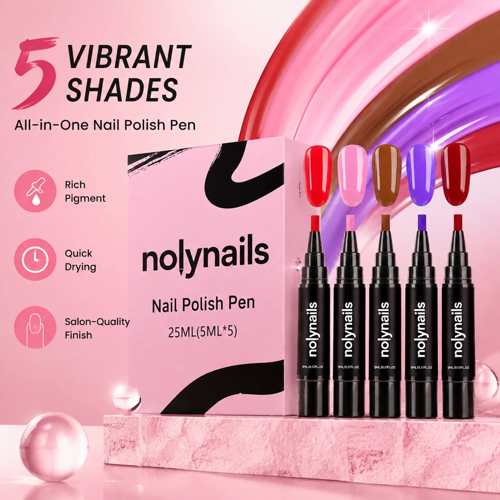 5 Colors Gel Nail Polish Pen Set Quick Dry No Uv Curing Needed Brush Tip Design For Diy Home Manicure And Travel Touch Up