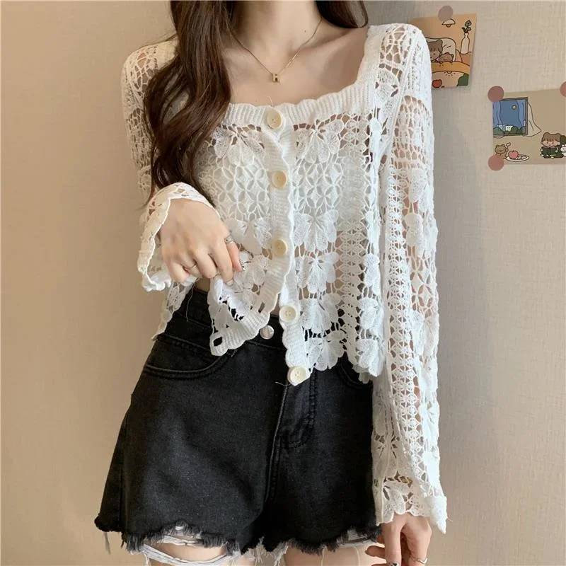 Short Shawl Thin Coat Women\'s Knitted Cardigan Summer Blouse Short Vintage Clothes for Women Tops Shirts Blouses