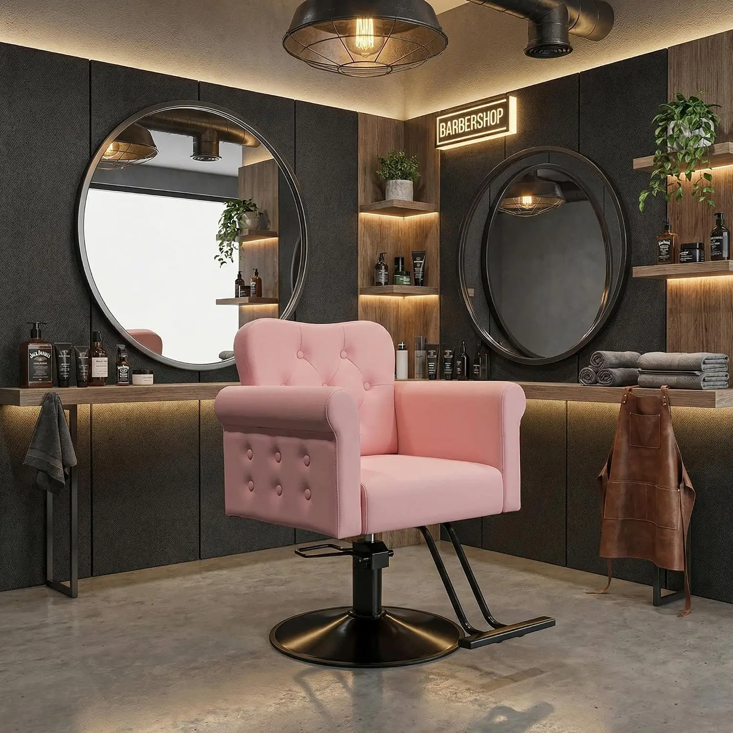 Pink Hydraulic Salon Chair Swivel Lock Adjustable Height Tufted Leather Metal Base 330 lbs Barbershop Spa Home, Customized