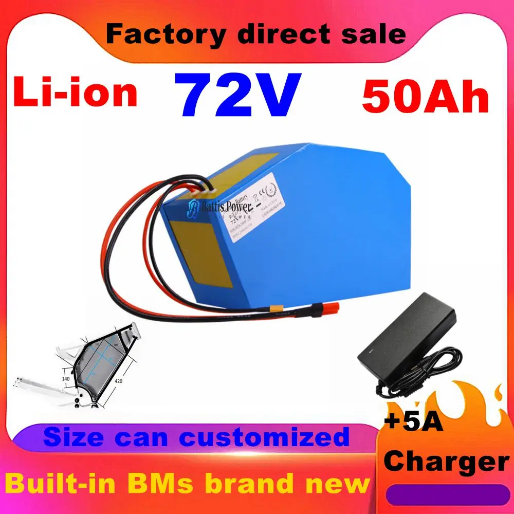 72v 50Ah lithium ion triangle battery 18650 li ion Polygon battery for 5000w Mountain Bike scooter Motorcycle + 5A charger