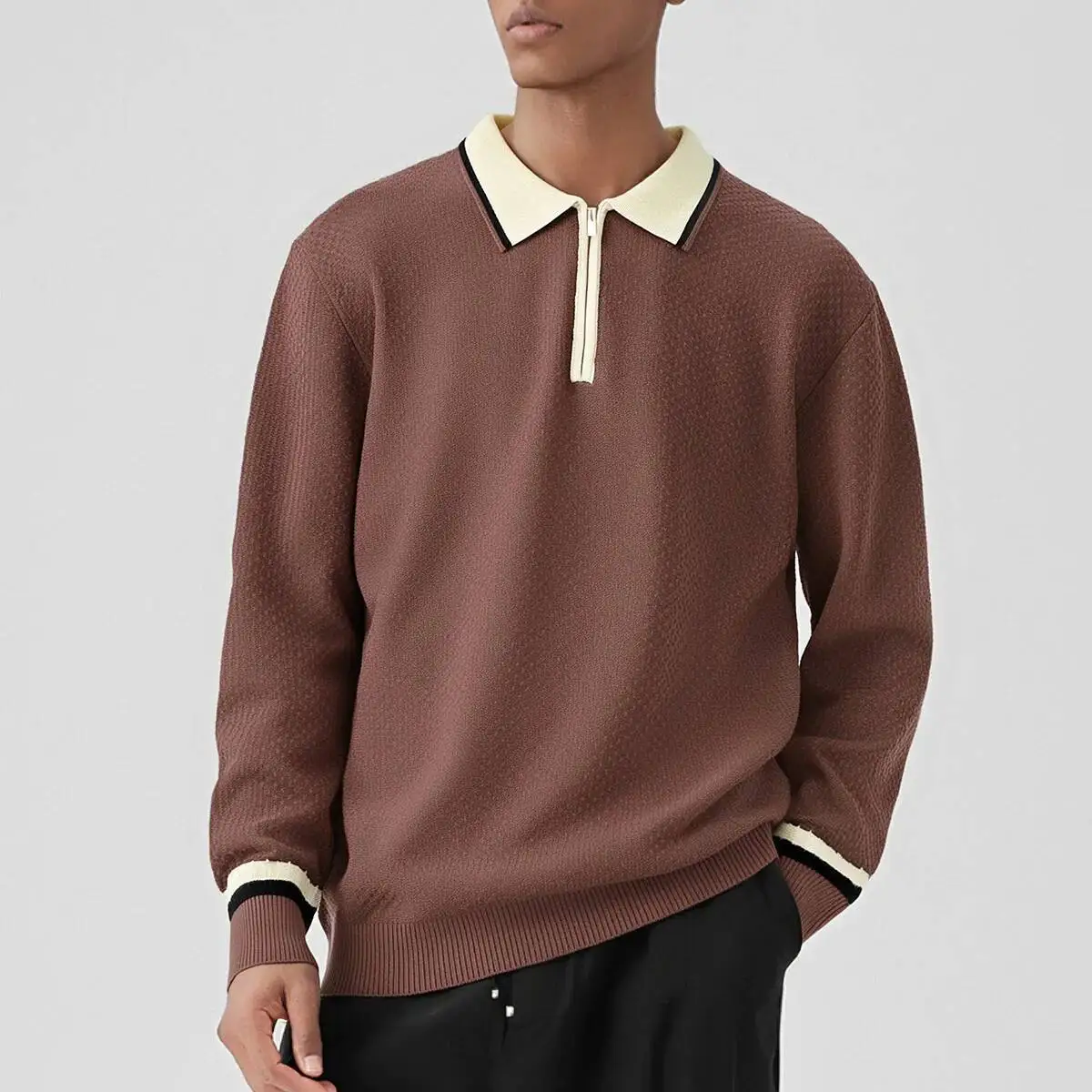 Autumn Men's Knitting Sweater With Zippered Neckline Contrast Color Lapel Design High End Fashionable Style