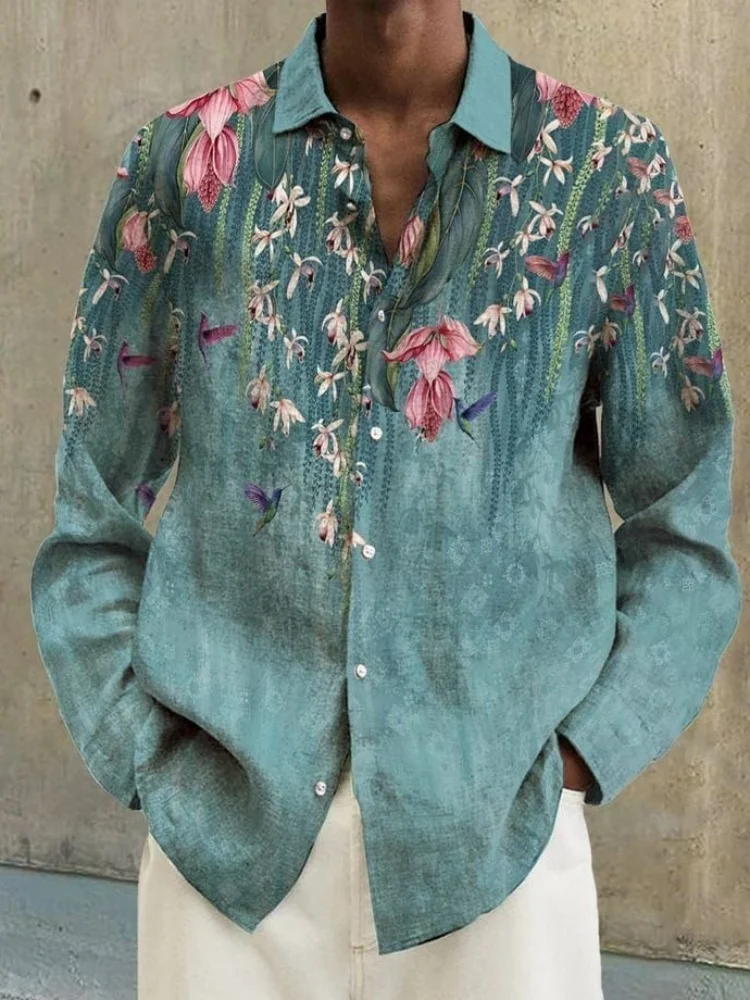 

Elegant Floral Printed Linen Shirt With Bird Accents Autumn Spring Holiday Long Sleeve Button Blouses Vintage Commuting Tunics