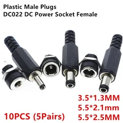 10PCS (5Pairs) 3A 12V 5.5x2.1mm Plastic Male Plugs DC022 DC Power Socket Female Jack Screw Nut Panel Mount Connector 5.5*2.5MM
