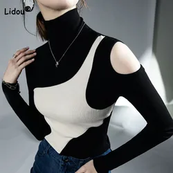 Slim All-match Solid Color Spliced Turtleneck Tops for Female Autumn Winter Korean Fashion Long Sleeve T-shirt Women's Clothing
