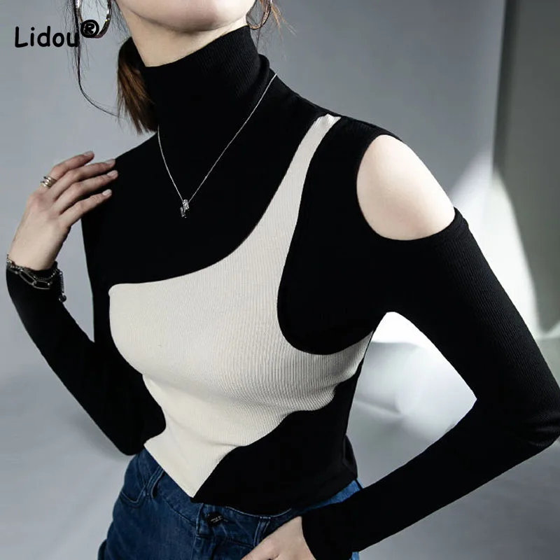 Slim All-match Solid Color Spliced Turtleneck Tops for Female Autumn Winter Korean Fashion Long Sleeve T-shirt Women's Clothing